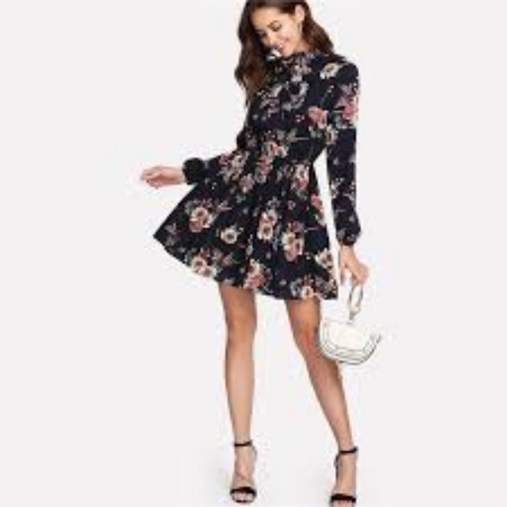 Floral, long sleeved, high neck Dress